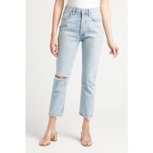 AGOLDE 27" Riley Distressed Straight Leg Crop In Shatter Blue Button Fly Jeans